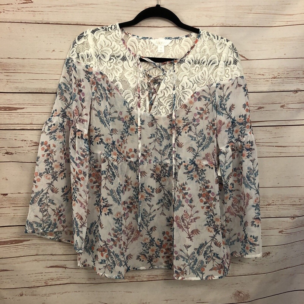 Degree Peasant Top Sheer‎ Floral Lace Size M Boho Bohemian Shirt Womens